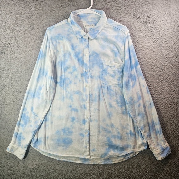 Lucky Brand Shirt Top Women XL Button Up Abstract Sky Cloud White Blue - Picture 1 of 10